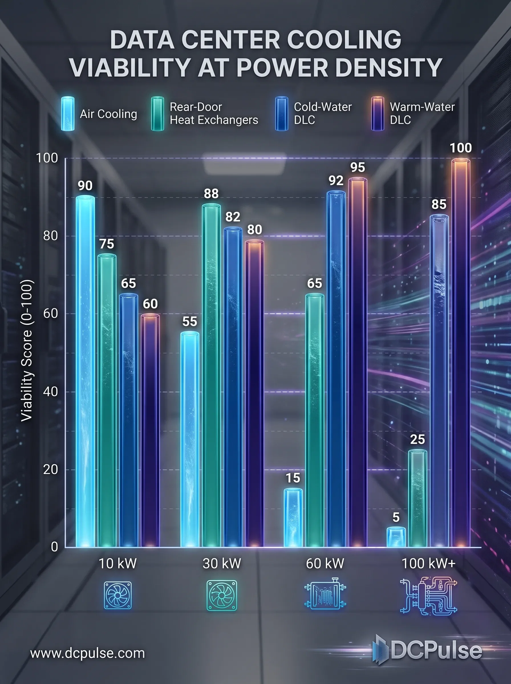 Cooling Viability Score (0-100) by Density Tier