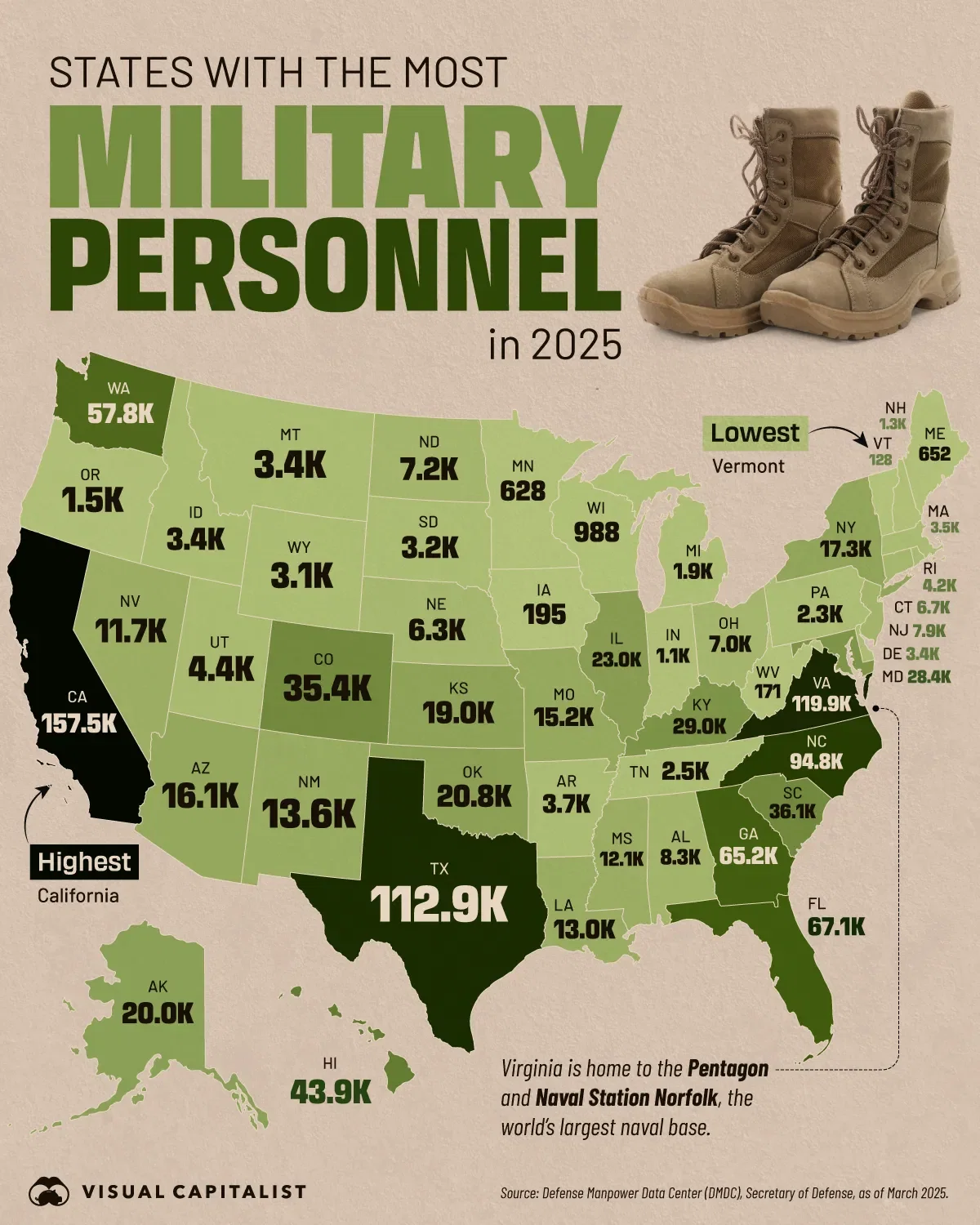 Mapped: States with the Most Military Personnel in 2025
