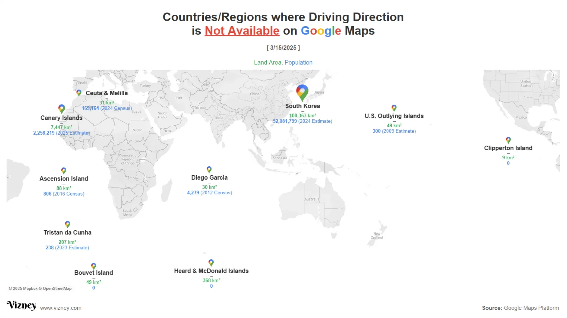Countries/Regions where Driving Direction is Not Available on Google Maps