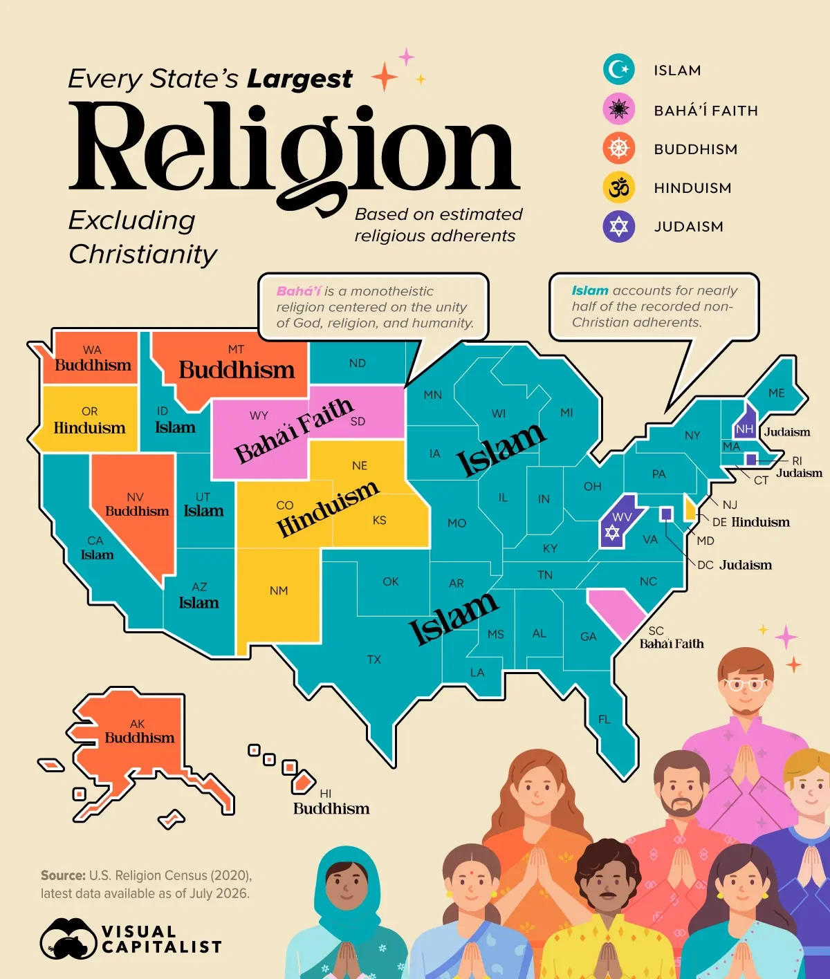 Mapped: The Largest Non-Christian Religion in Every U.S. State