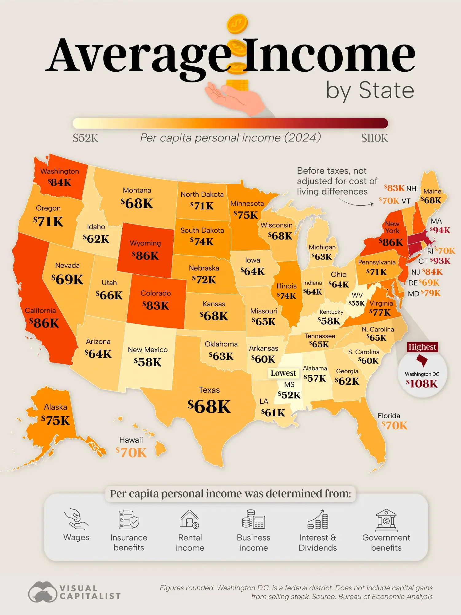 Mapped: Average Income by State in 2024