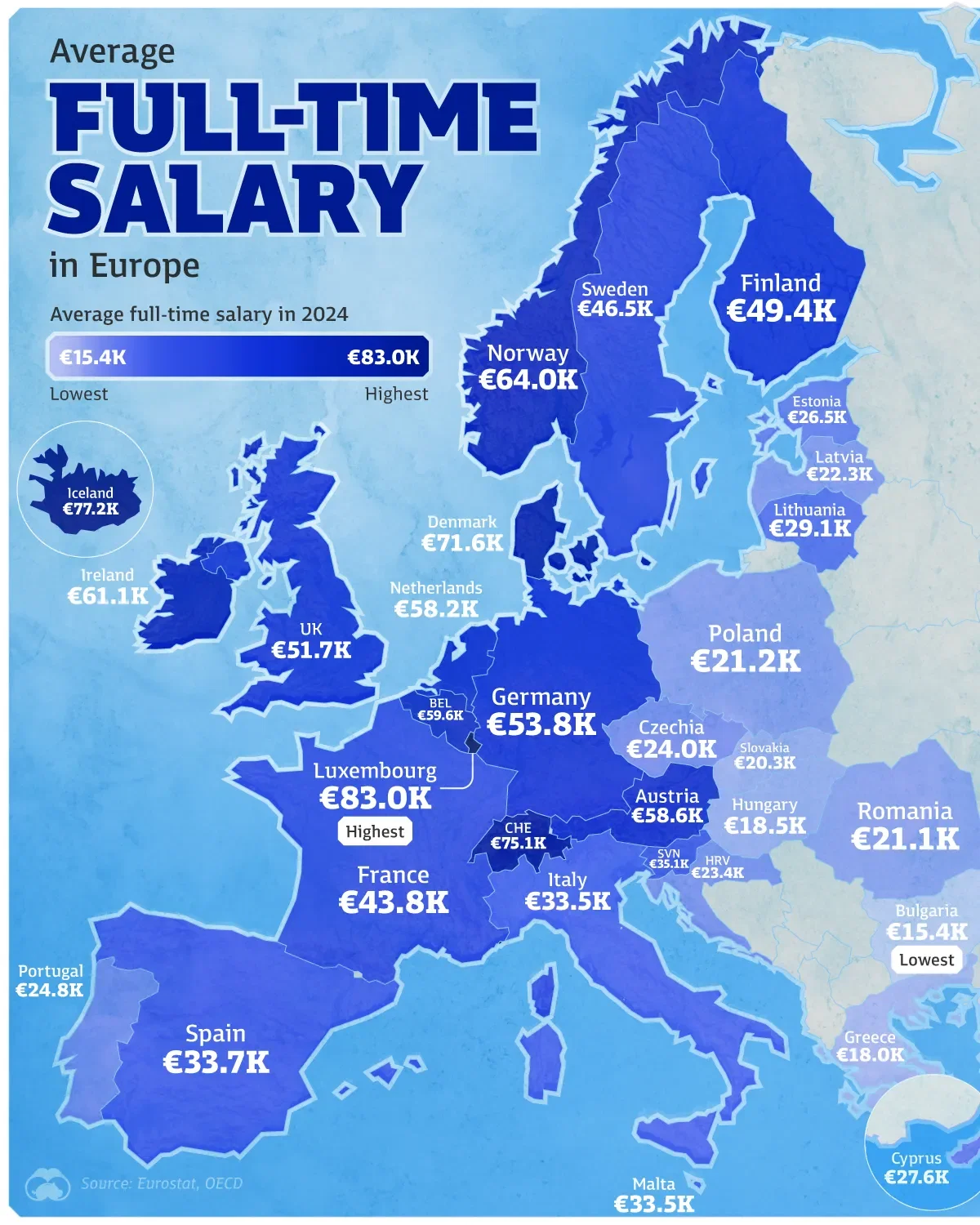 Mapped: Average Full-Time Salary in Europe by Country