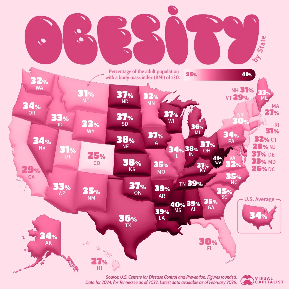 Mapped: Adult Obesity Rates Across All 50 U.S. States