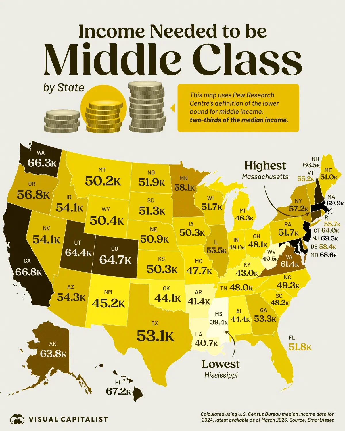 Mapped: The Income Needed to Be Middle Class in Each State