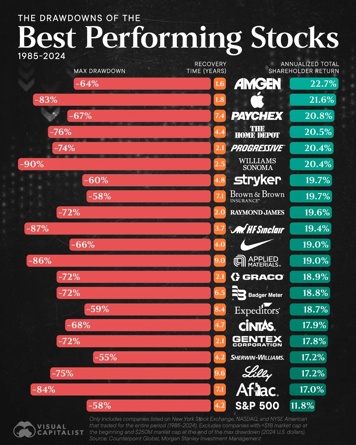 The Drawdowns of the Best Performing U.S. Stocks (1985–2024)