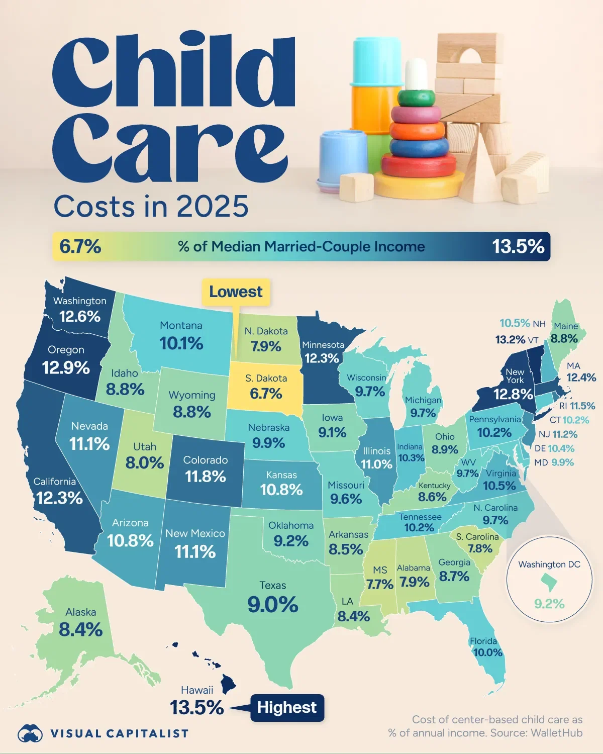 Mapped: Child Care Costs by State in 2025