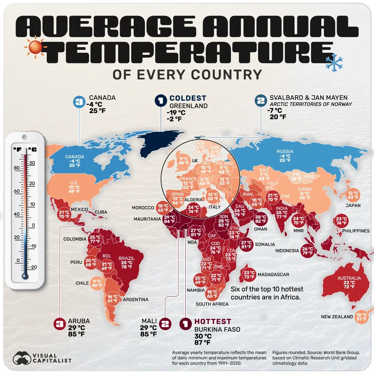 Mapped: The Average Annual Temperature of Every Country