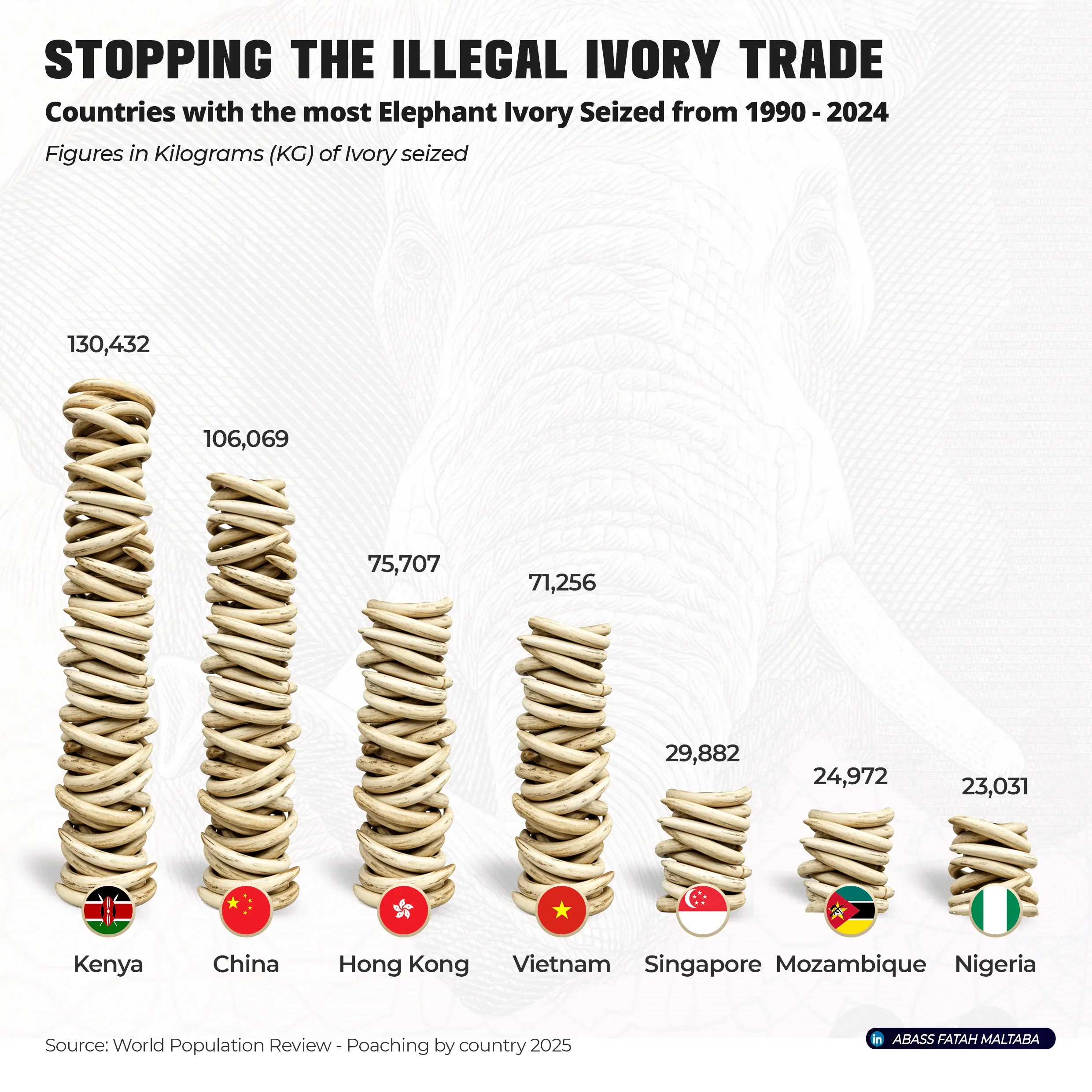 Stopping the Illegal Ivory Trade: Countries with the Most Elephant Ivory Seized (1990–2024)