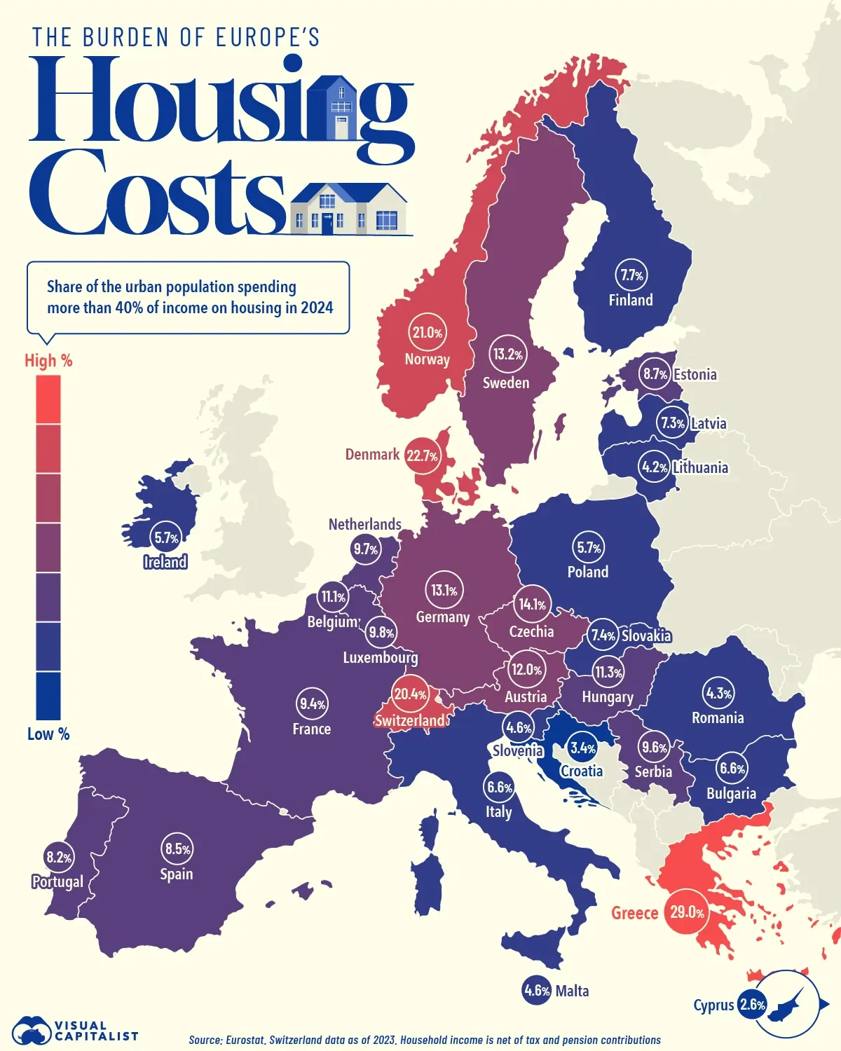 Mapped: Europe’s Housing Cost Burden by Country 🏠