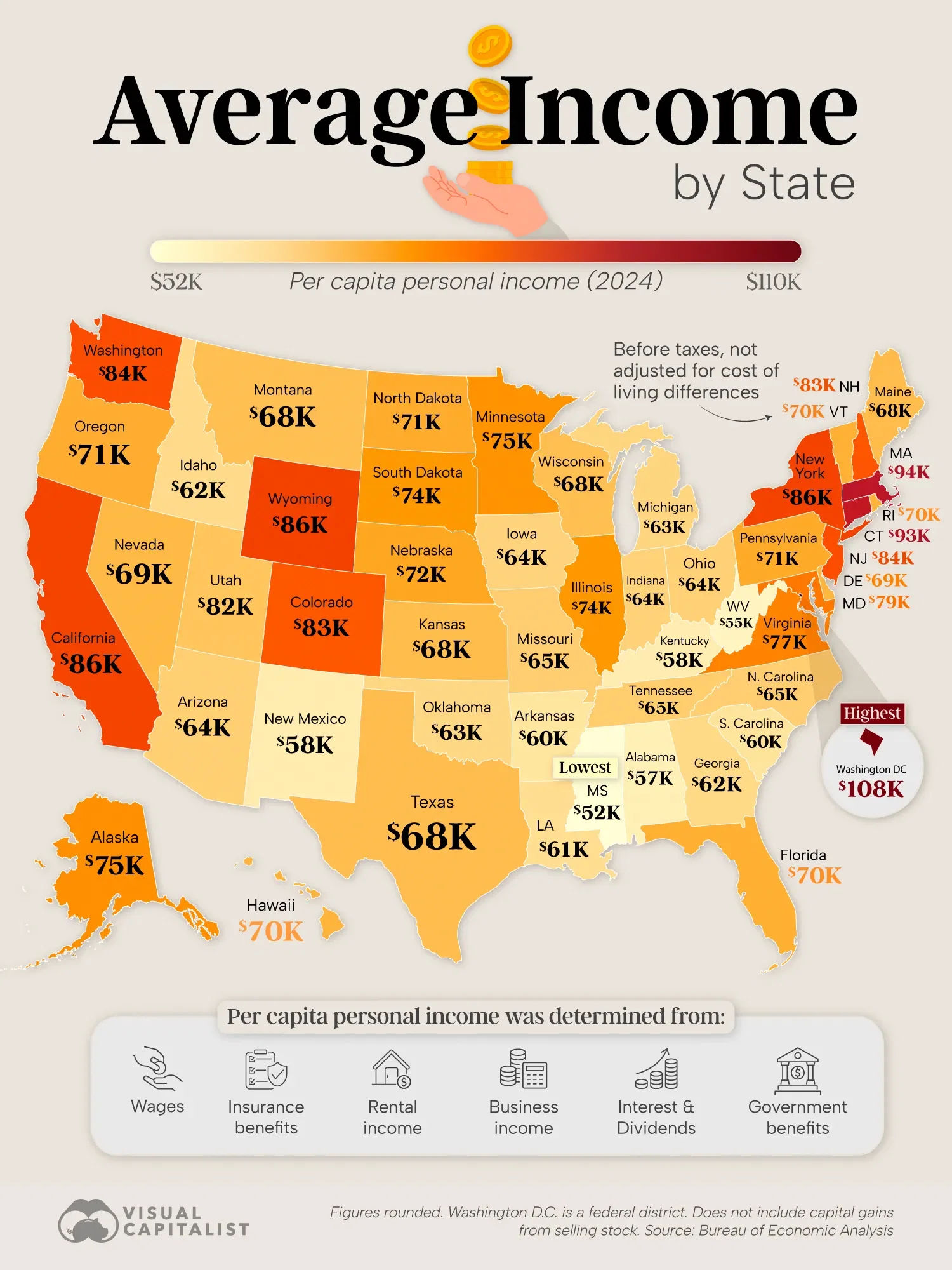Mapped: Average Income by State in 2024
