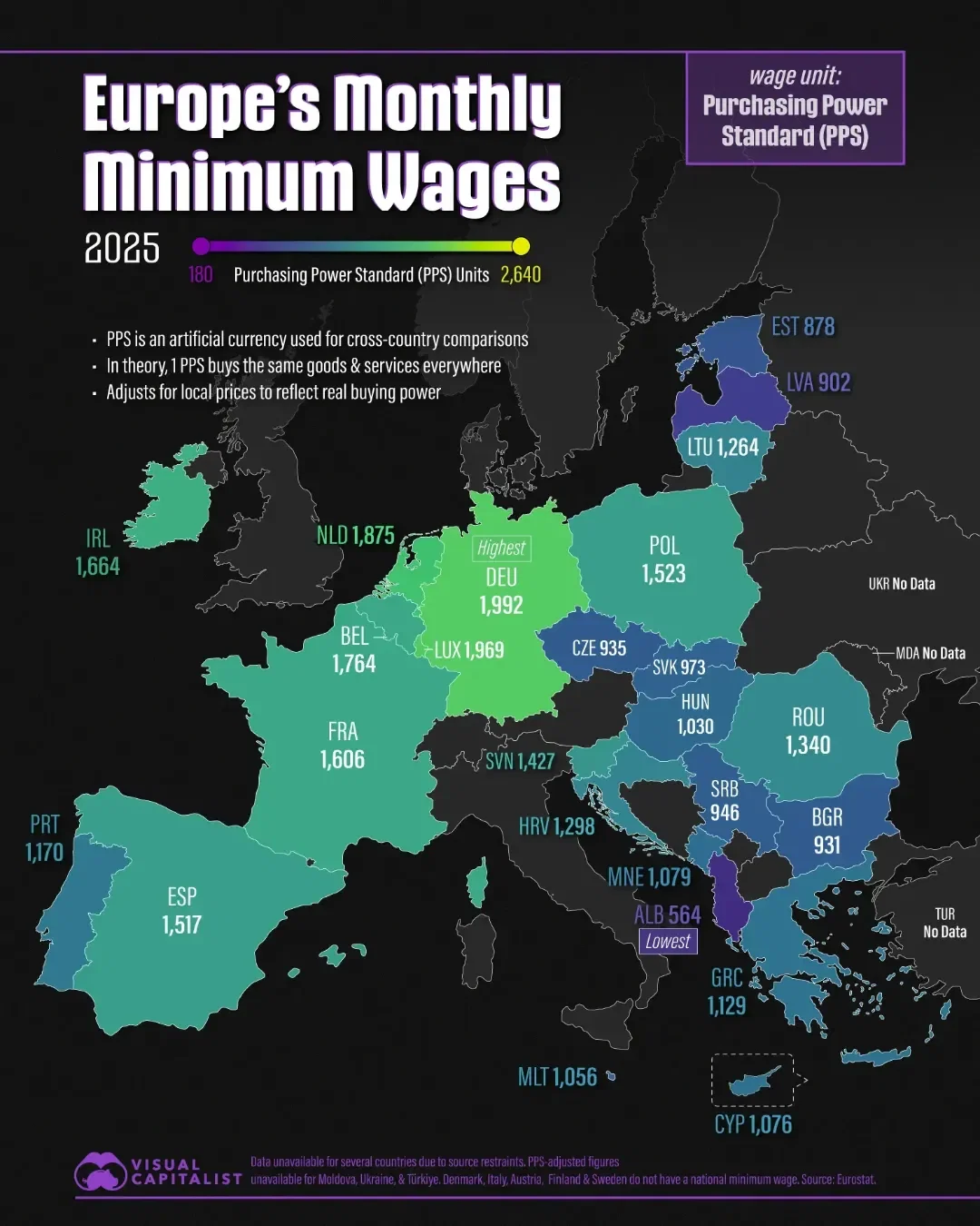 ➡️ Slide to See Europe’s National Minimum Wages in 2025, With & Without Living Cost Adjustments