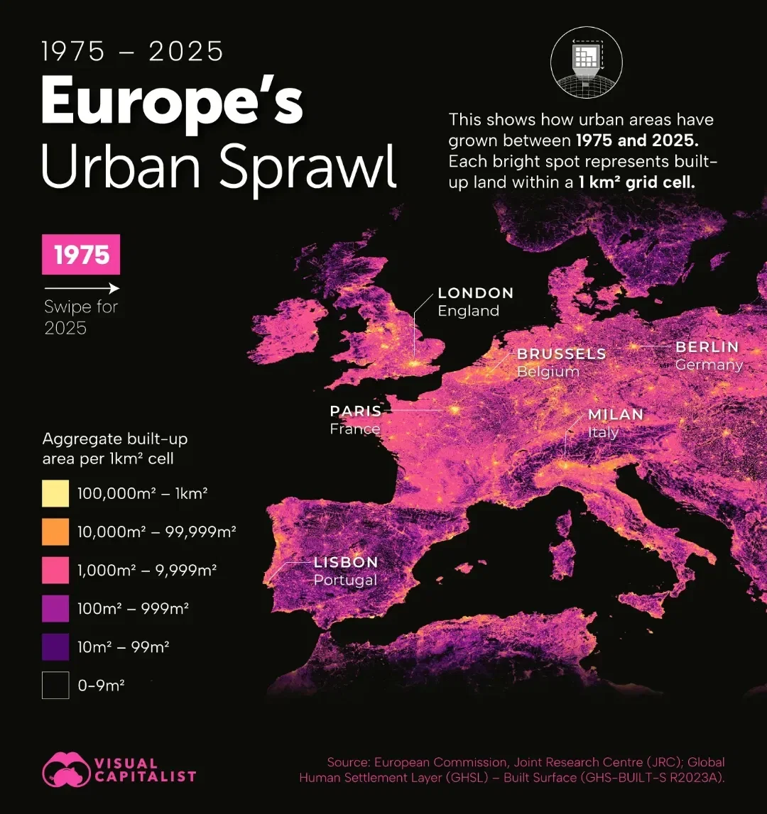 How Europe’s Cities Have Grown Since 1975 ➡️