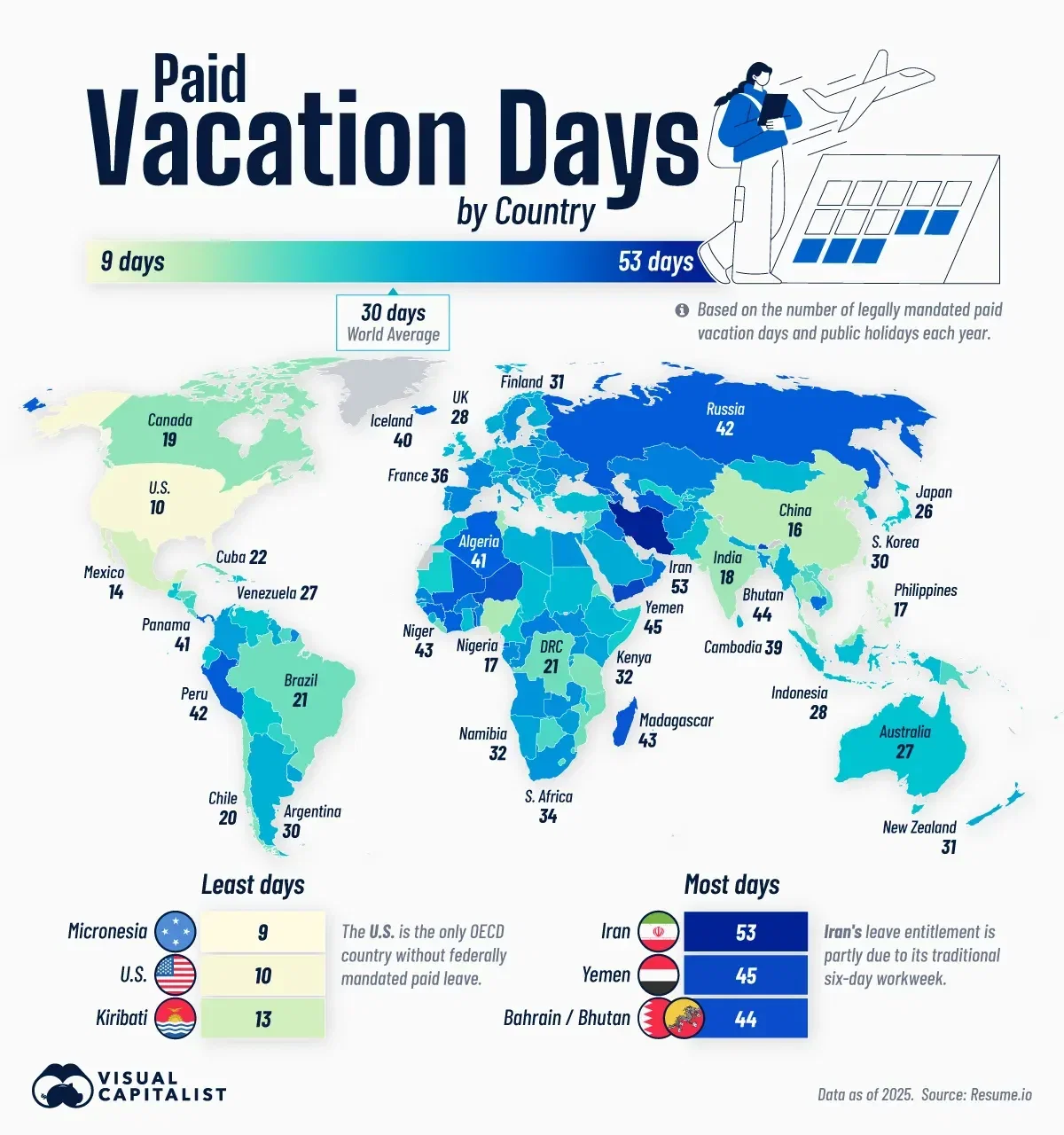 Mapped: Paid Vacation Days Around the World