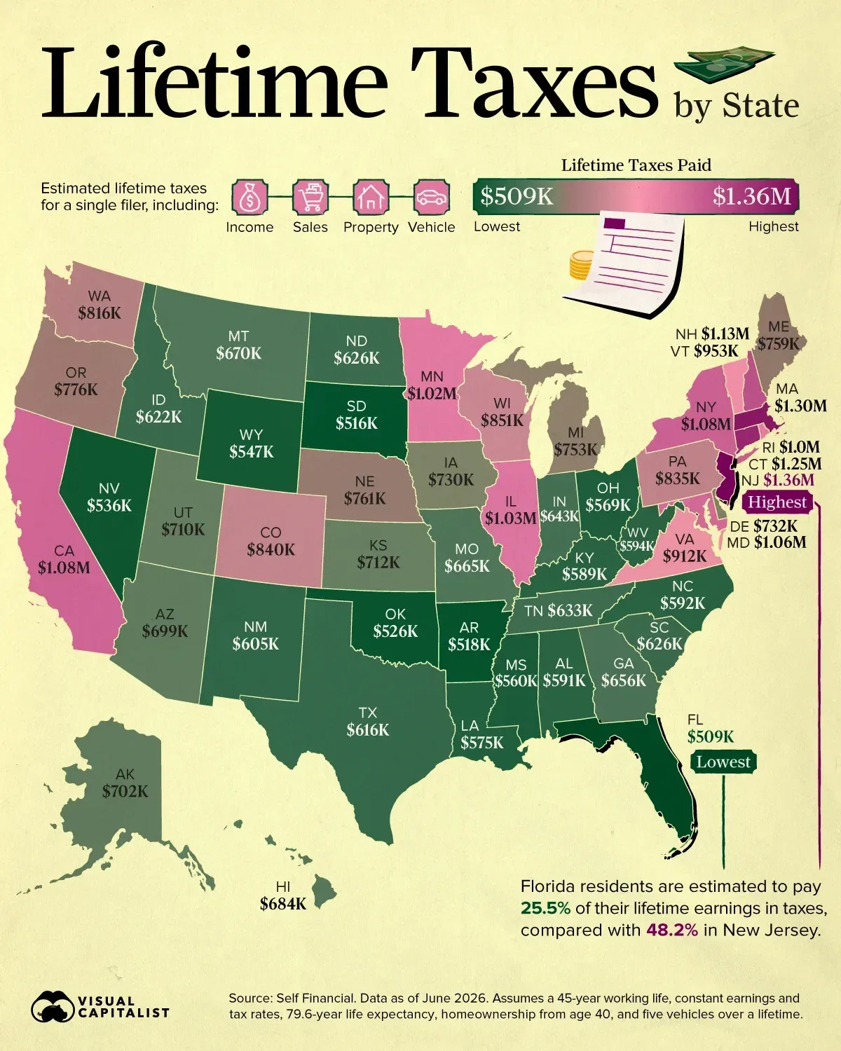 Mapped: Lifetime Taxes in Every U.S. State