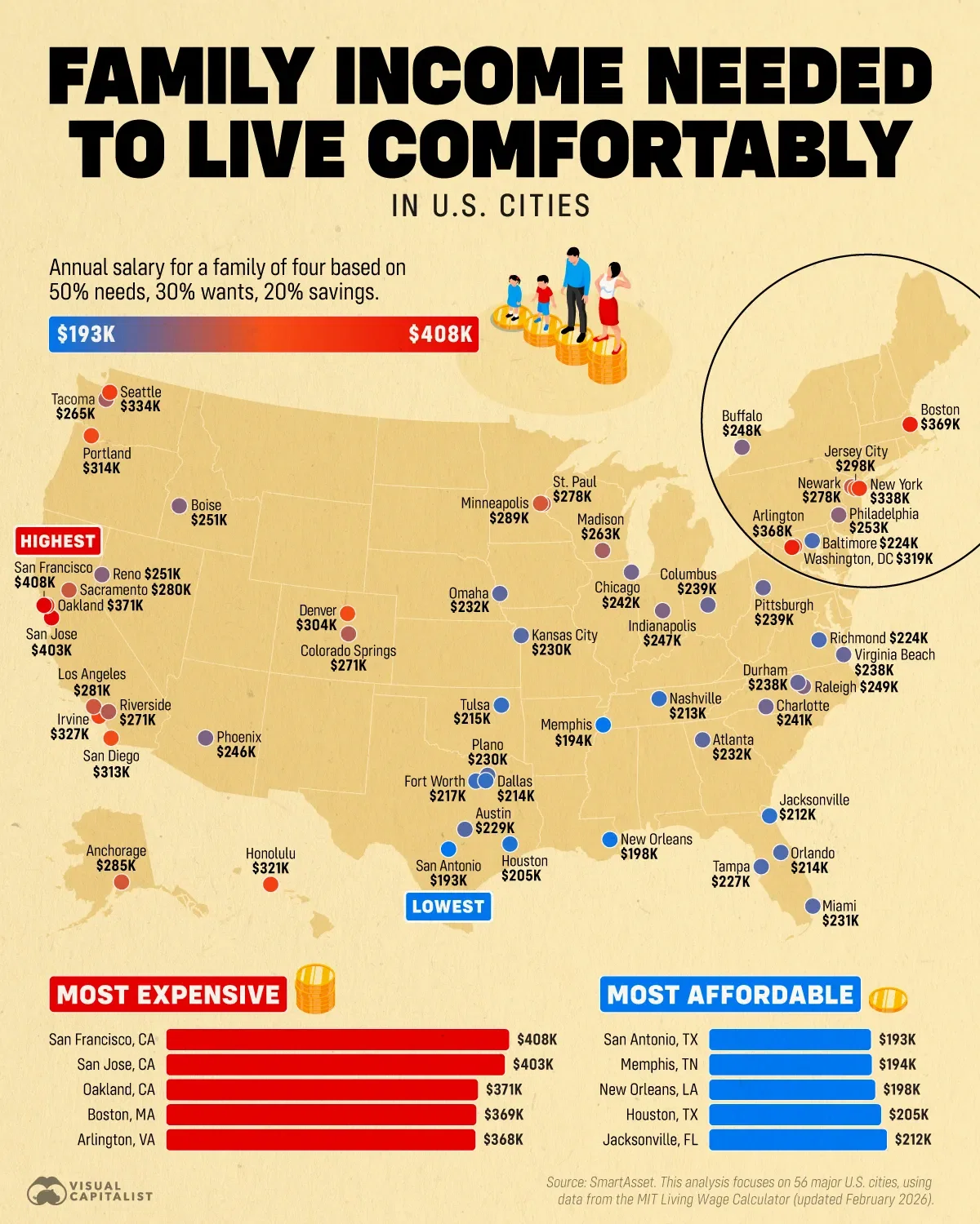 Mapped: Income Needed to Live Comfortably in U.S. Cities