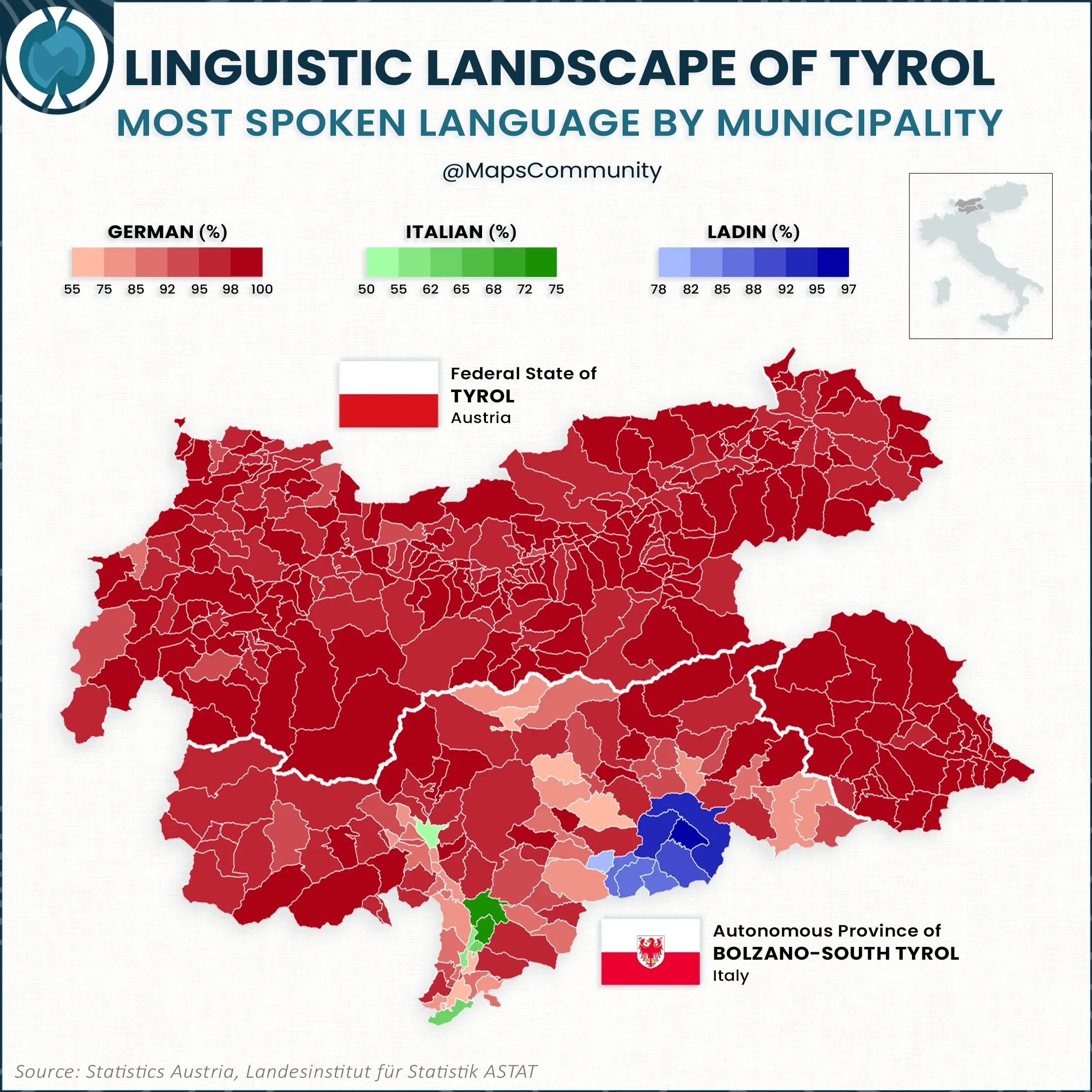 Linguistic Landscape of Tyrol: Most Spoken Language by Municipality