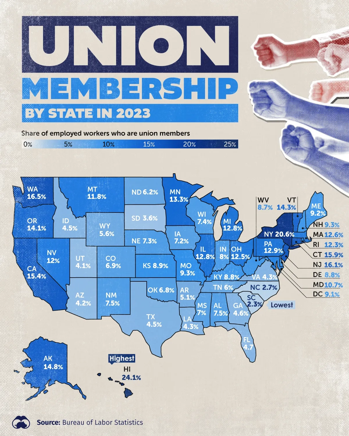 Hawaii Has The Highest Rate of Union Membership πΊ - Voronoi